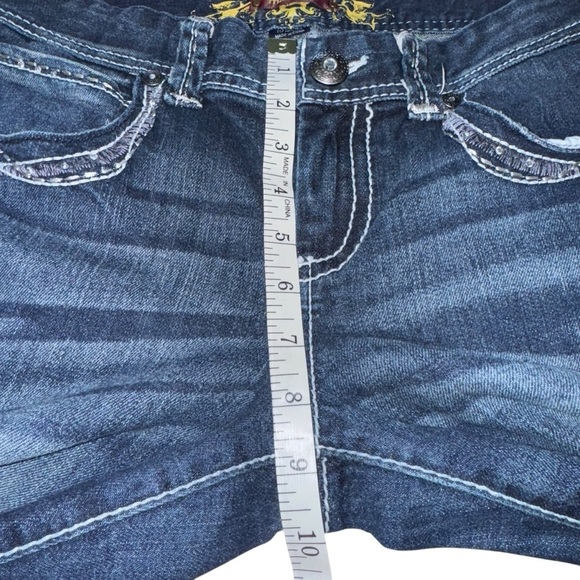 Maurice’s Women’s 11/12 Long Dark Flare Low-Rise Faded Blue Denim Jeans - Picture 9 of 12